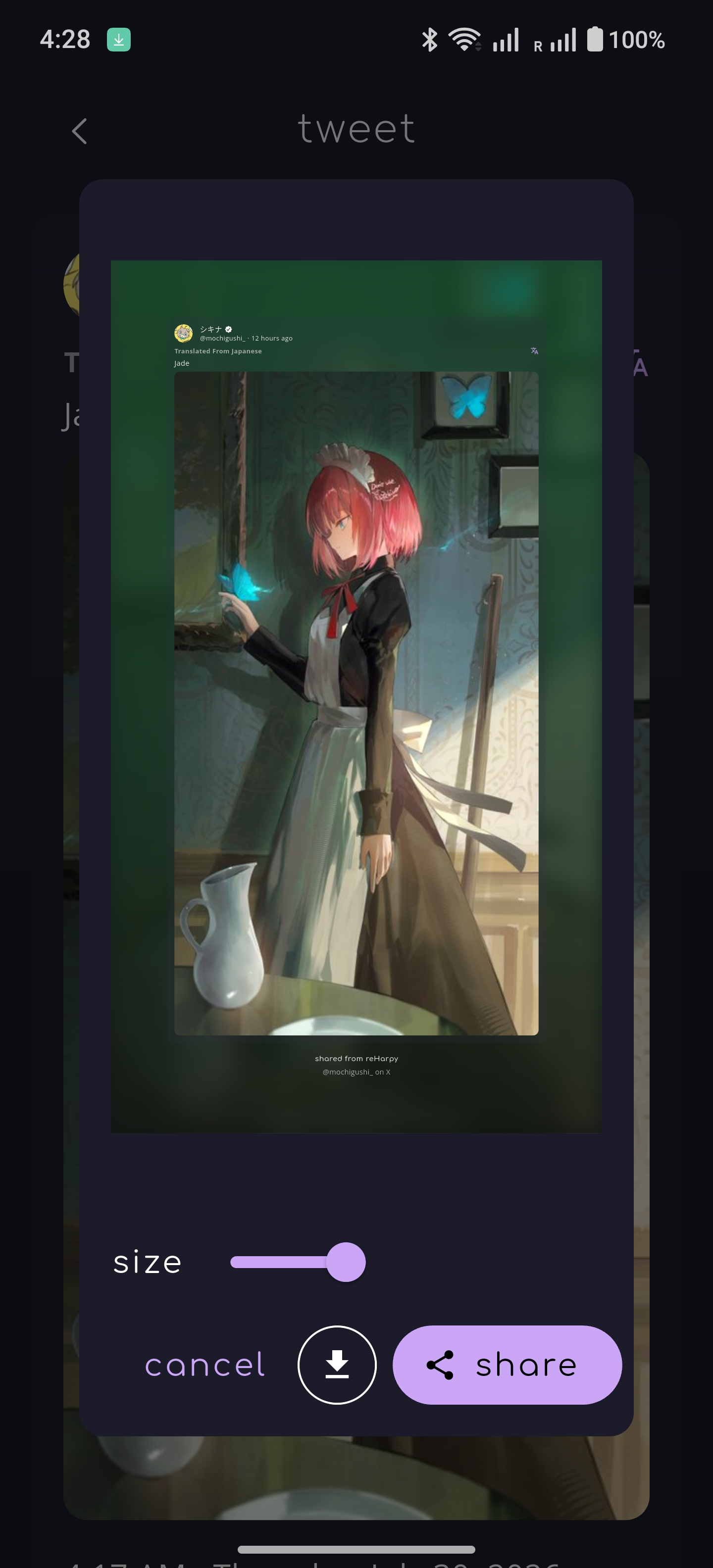 reHarpy share-as-image preview dialog with story card and size slider